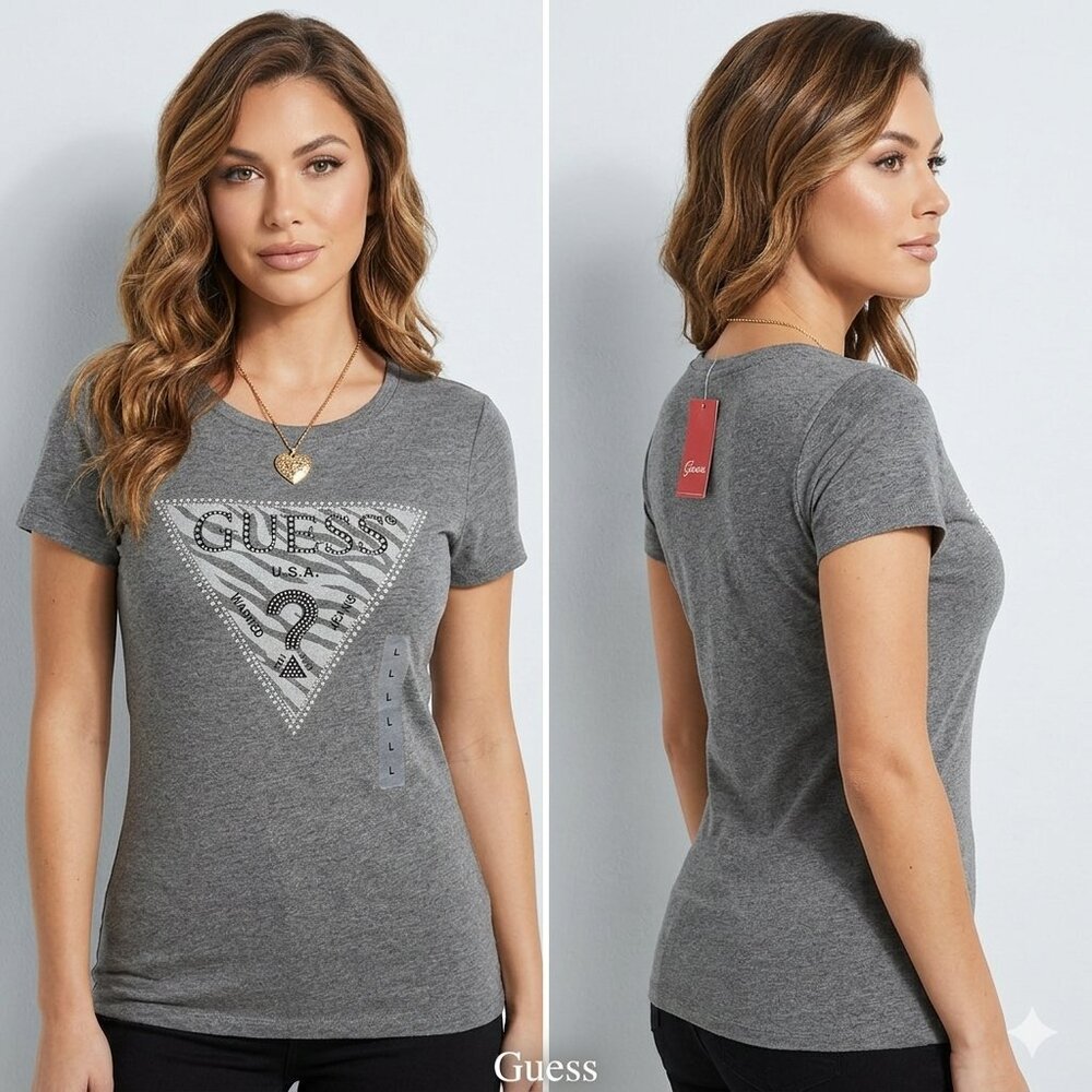 NWT Guess Women’s Rhinestone Triangle Logo Graphic Slim Fit Shirt - Gray Size L